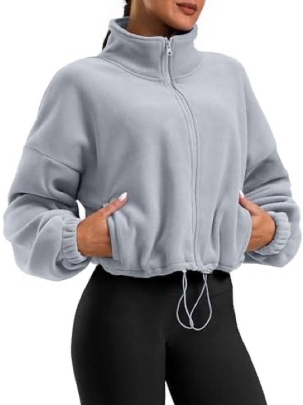 New Amazon Polar Fleece Oversized Crop Drawstring Jacket in Gray Size Small